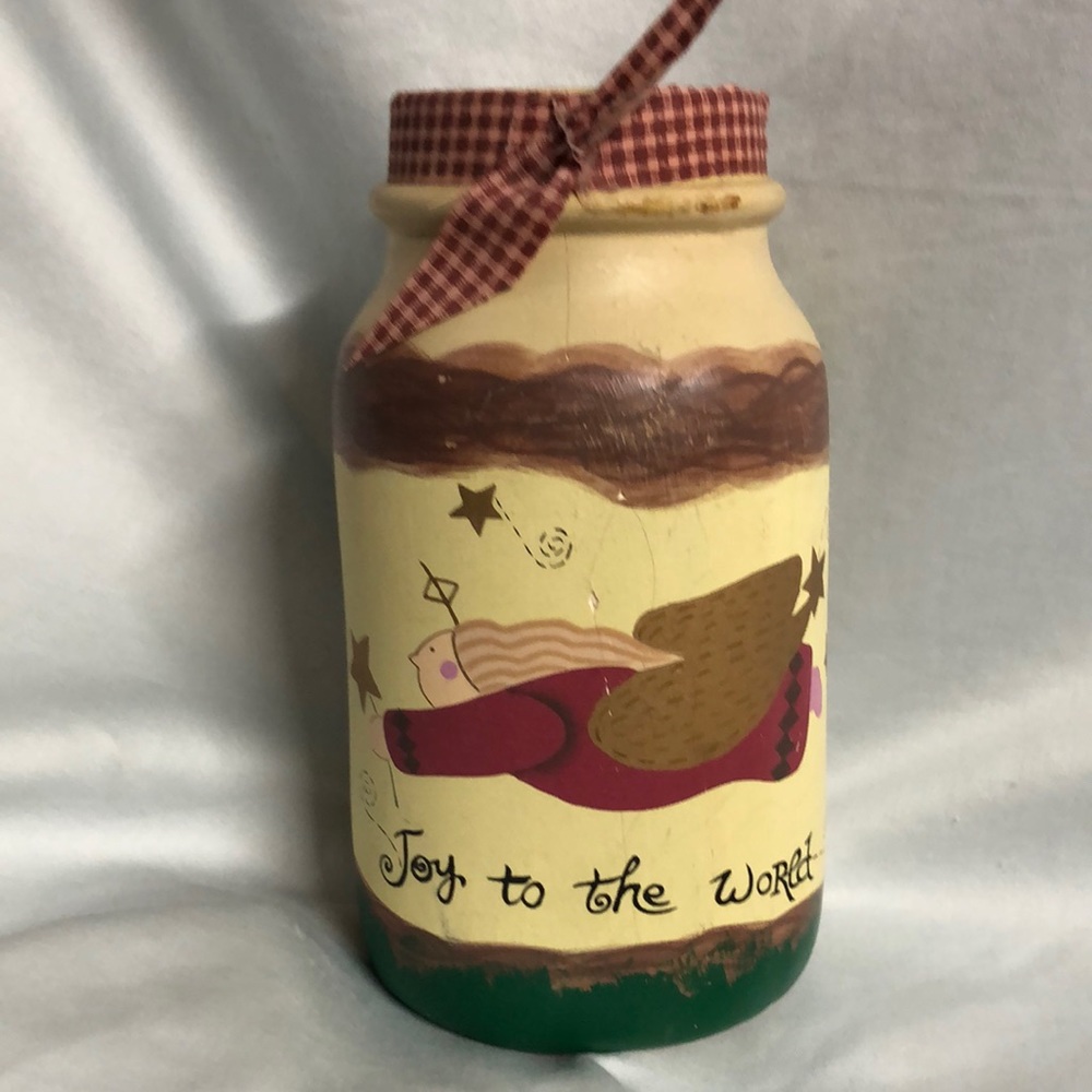Joy to the world, flying angel, painted jug, jar, hand decorated Christmas decor